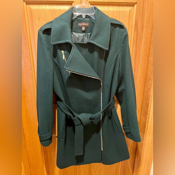 Dana Buchman Asymmetrical Belted Dark Green Trench Coat w/ Gold Zipper Buttons - Picture 1 of 16